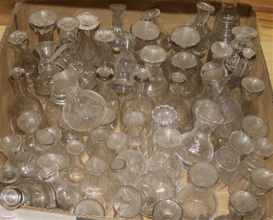 A quantity of glass decanters lacking stoppers